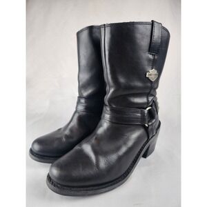 Harley Davidson Black Leather Harness Moto Boots Studded Calf Womens 9.5 Shoes